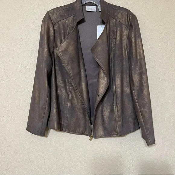 CHICOS Tan Gold Shimmer Moto Metallic Jacket Gold Zipper Size 1P (Medium 8P) - Picture 9 of 10